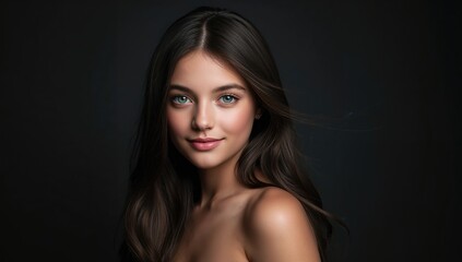 Fototapeta premium Portrait of a young girl with long dark hair and striking green eyes against a dark background, displaying a subtle smile and natural beauty in soft lighting.