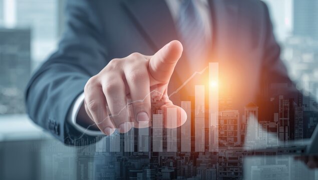 Businessman in suit using pen to point at digital bar graph overlay with cityscape, representing commitment and analysis in office environment.