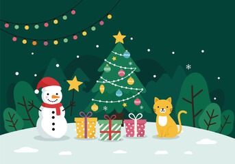 Celebrating Christmas Eve with a snowman and a cat