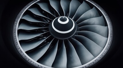 Intricate metallic blades of an advanced aircraft engine arranged around a central hub with circular patterns,