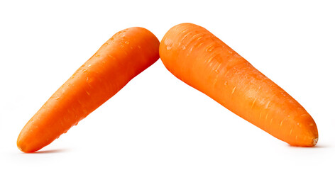Side view of two fresh orange carrot roots in stack isolated on white background with clipping path