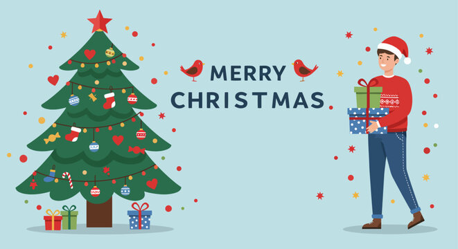 The man brought Christmas gifts to celebrate Christmas with the Christmas tree, vector illustration