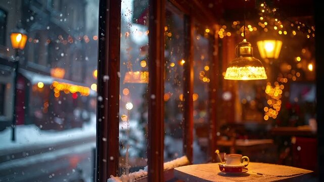 雪降る窓にクリスマスライトが映る温かなカフェシーン