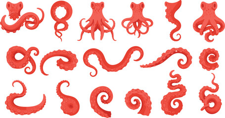 Cartoon-style red octopus tentacles and sea creature illustrations in various curled and extended shapes for marine design and education. © Snigdha Creatives