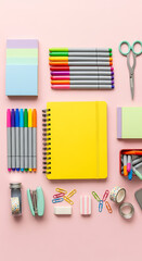Overhead shot of a vibrant and organized workspace featuring a yellow notebook, colorful markers, sticky notes, scissors, and various stationery items arranged neatly on a soft pink background, creati