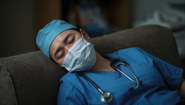 Tired healthcare professional in blue scrubs and surgical cap sleeping on a couch while wearing a face mask after a long day of work in a clinical environment