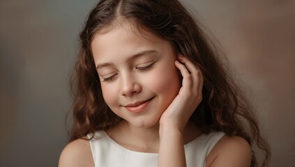 Close-up portrait of young girl with curly hair gently resting her hand on her cheek and eyes closed, expressing a serene and contemplative mood.