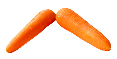 Side view of two fresh orange carrot roots in stack isolated with clipping path in png file format