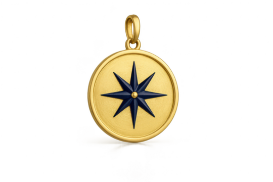 Golden compass rose pendant isolated on transparent background, navigation symbol