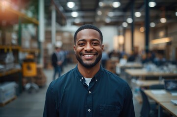 Fototapeta premium Smiling man in shirt standing in modern industrial workspace with background of colleagues and equipment, showcasing a welcoming and productive environment