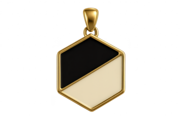 Elegant gold hexagonal pendant with black and cream sections, isolated on transparent background