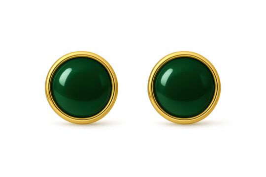 Two shiny green buttons with golden frames isolated on transparent background