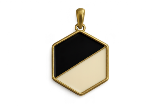 Elegant hexagonal pendant with black and cream enamel, isolated on transparent background