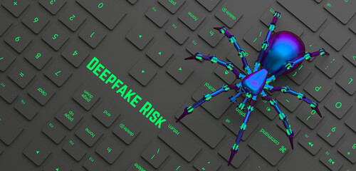 Cybersecurity Concept with Deepfake Risk Text and Futuristic Digital Spider on Dark Keyboard Background