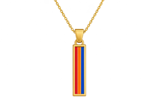 Elegant gold necklace with colorful striped pendant, isolated on transparent background