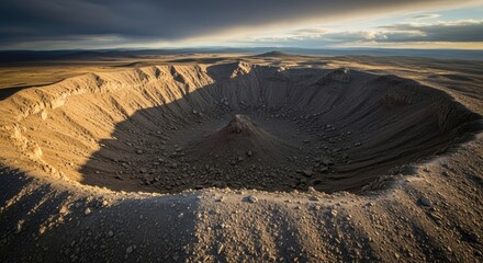 A vast, arid landscape with a large, circular crater in the center, surrounded by rocky terrain and distant mountains under a cloudy sky.