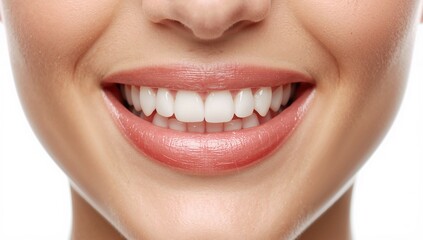 Obraz premium Close-up of a woman's smiling mouth showcasing perfect white teeth after cosmetic dental veneers highlighting straightness and brightness of the smile with healthy appearance.