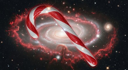 Festive candy cane spiral galaxy in space with cosmic colors and nebula swirls. Concept of Christmas food and symbol