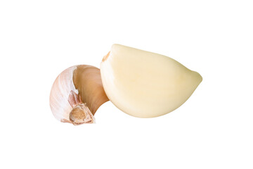Side view of two garlic cloves in heap isolated on white background with clipping path