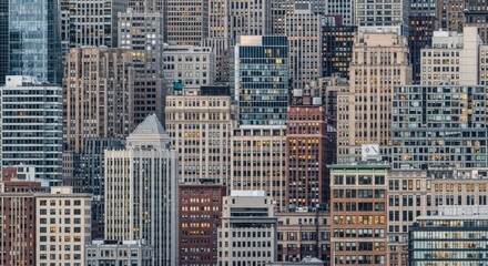 A bustling city skyline with diverse architectural styles and colors.