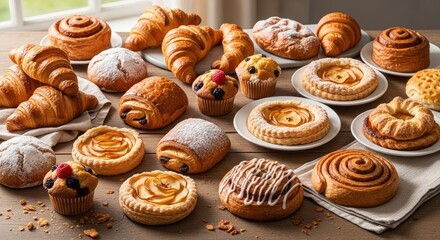 A variety of pastries and baked goods on a wooden table.