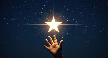 A hand reaching out to a glowing star in a starry night sky.