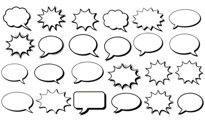Fototapeta premium Set talk bubbles speech Vector Set, Blank Ribbon Vector Comic Speech Bubbles and Explosion Boom Shapes Collection, Cartoon Pop Art Starburst Blast Frames.