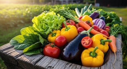 A variety of fresh vegetables and fruits in a wooden crate on a sunny day.