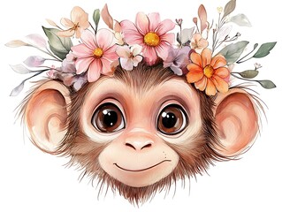 Floral Crown Monkey: Watercolor Charm