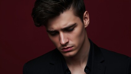 Fototapeta premium Young male model with stylish haircut wearing black suit looking down with a serious expression on dark red background highlighting his emotional demeanor.