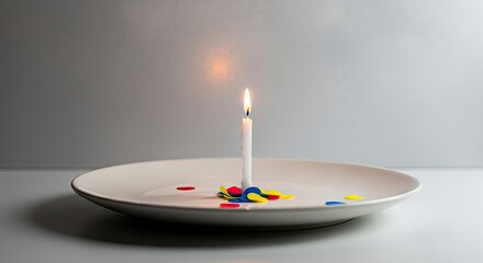 A lit candle on a white plate with colorful confetti on a white background.