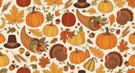 A colorful autumnal pattern featuring pumpkins, leaves, and turkeys on a beige background.