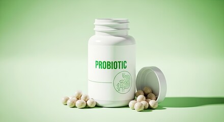A white pill bottle with a green label and white pills spilling out.