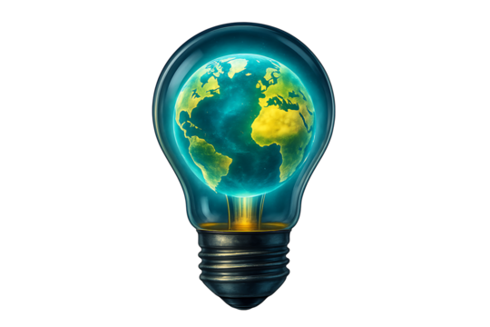 Globe inside light bulb isolated on transparent background - Powered by Adobe