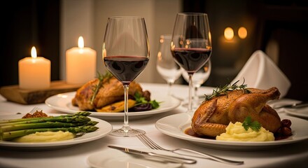 A table set with roasted chicken, mashed potatoes, and asparagus, with lit candles and a white tablecloth.
