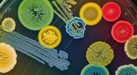 A colorful array of bacteria and fungi on a petri dish, with notable colors and textures.