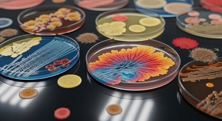 Bacterial colonies on petri dishes with various colors and textures.