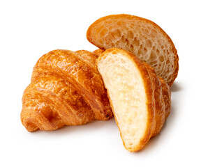 Top view of one brown or golden croissants with two halves in stack isolated on white background with clipping path