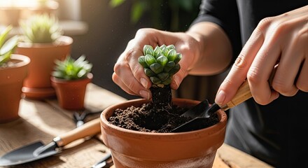 A person planting a succulent plant in a terracotta pot with a wooden handle trowel.