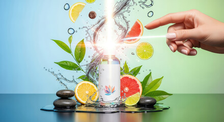 A hand pointing at a bottle of water with a colorful fruit design on it, surrounded by slices of citrus and green leaves on a blue and green background.