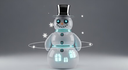 Cute robotic snowman with top hat and glowing eyes holding gift boxes, futuristic holiday character isolated on white background. Concept of Merry Christmas blending Technology