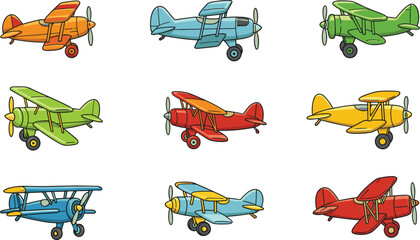 Collection of colorful vintage biplane vector illustrations featuring old retro airplanes in different designs, cartoon style aircraft and aviation © Snigdha Creatives