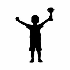 Silhouette of a boy celebrating with a soccer trophy isolated on white background
