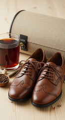 Elegant brown leather brogue shoes paired with a glass of dark beverage and vintage suitcase, evoking a sense of timeless style, sophistication, and travel, perfect for fashion, lifestyle, and travelt