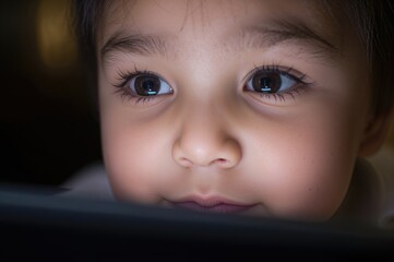 Close-up of a child's face with large expressive eyes intently focused on a tablet screen while exploring digital content in a dimly lit environment