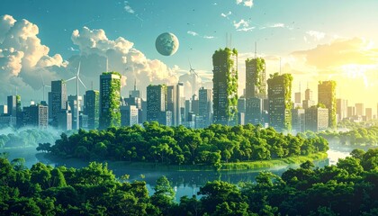 Naklejka premium Sustainable urban development illustrated with interconnected elements