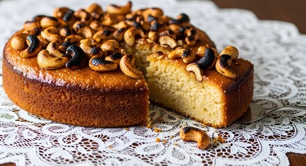 Homemade Cashew Nut Cake with Golden Brown Crust and Generous Roasted Cashew Topping, Served on a Lace Doily, Perfect for Tea Time, Family Gatherings, and Nut Lovers, Moist and Flavorful

