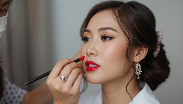 Bride or model receiving makeup application, focusing on lips with red gloss, beautician using brush, soft lighting, elegant hairstyle, close-up of Asian woman preparing for special occasion.