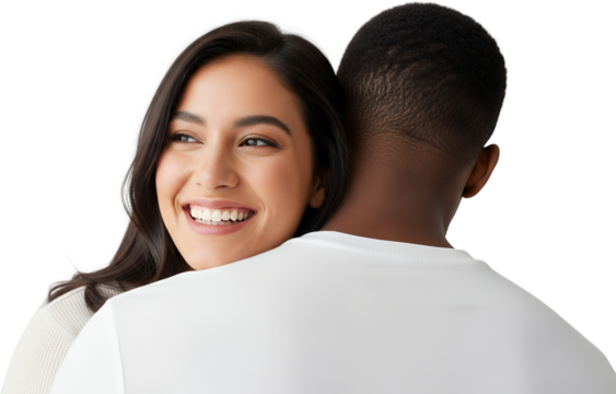 Smiling woman embraces a man's back showcasing diverse affection and happiness in a close up view Couple Hug Love Happy Together Relationship Intimacy - Powered by Adobe