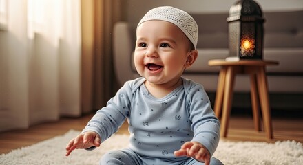A baby wearing a white hat and sitting on a white rug in a cozy living room with a wooden table and a lamp.